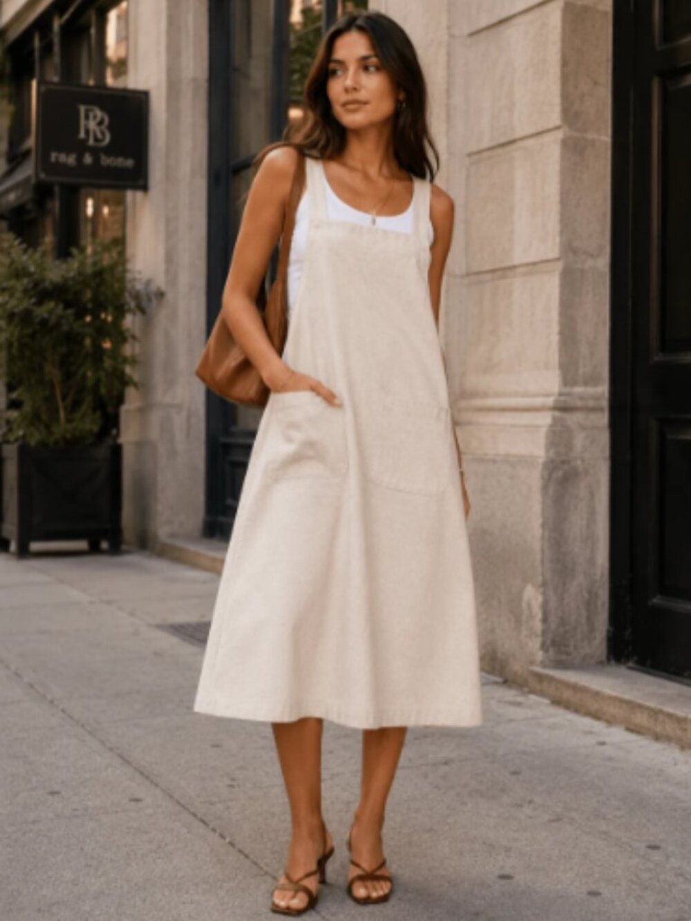 GILLI Women’s Linen Cotton Overall Midi Dress Old Money Classic Beige